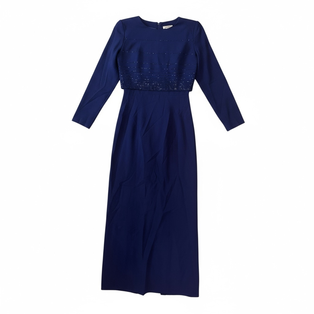 Women's Long Sleeve Navy Blue Evening Gown, Elegant Formal Dress with Beaded Bod